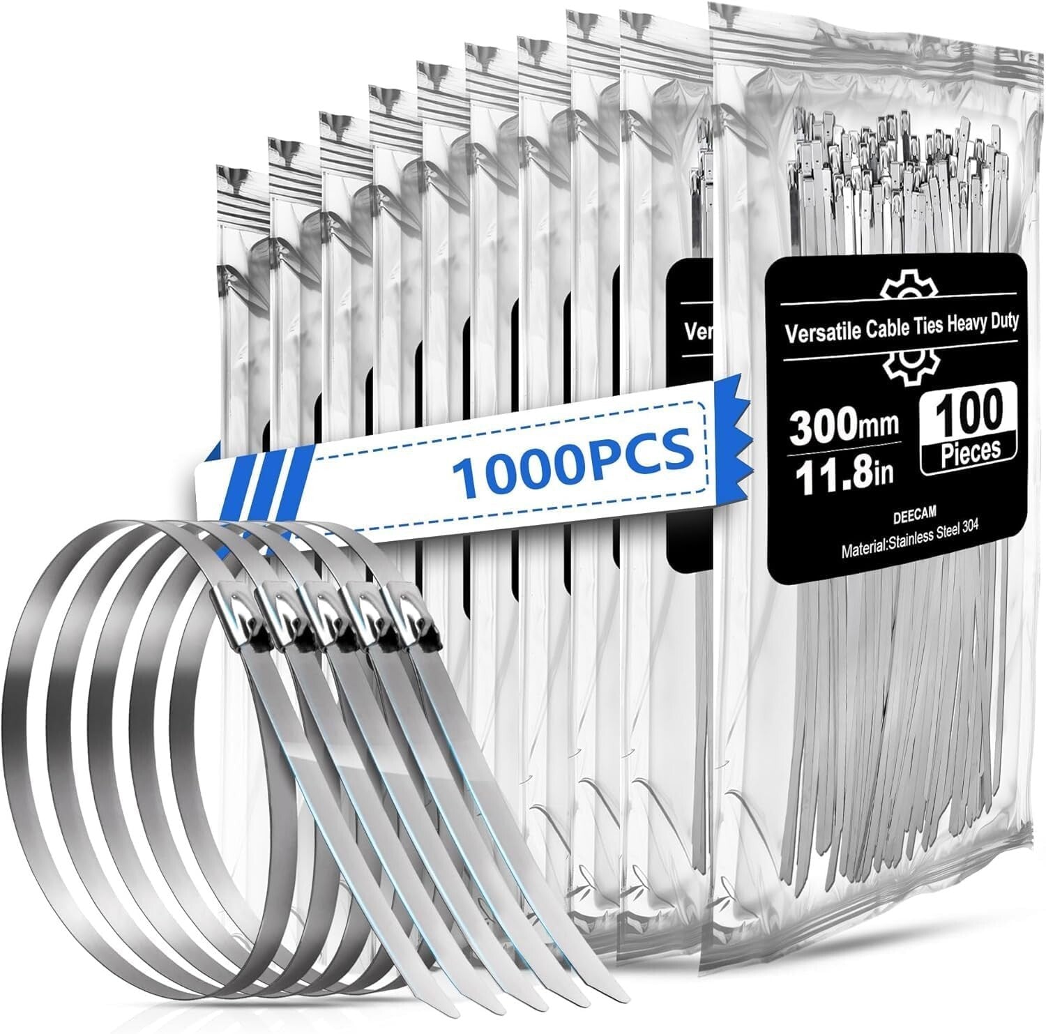 Durable 1000 pcs Self-Locking Metal Zip Ties, 11.8 Inches for Versatile Bundling