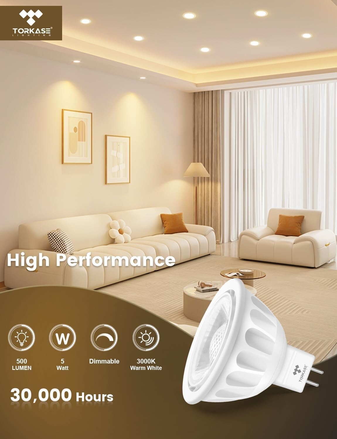 10-Pack Dimmable MR16 LED Bulbs, 5W Equivalent to 50W, GU5.3 Base, UL Listed