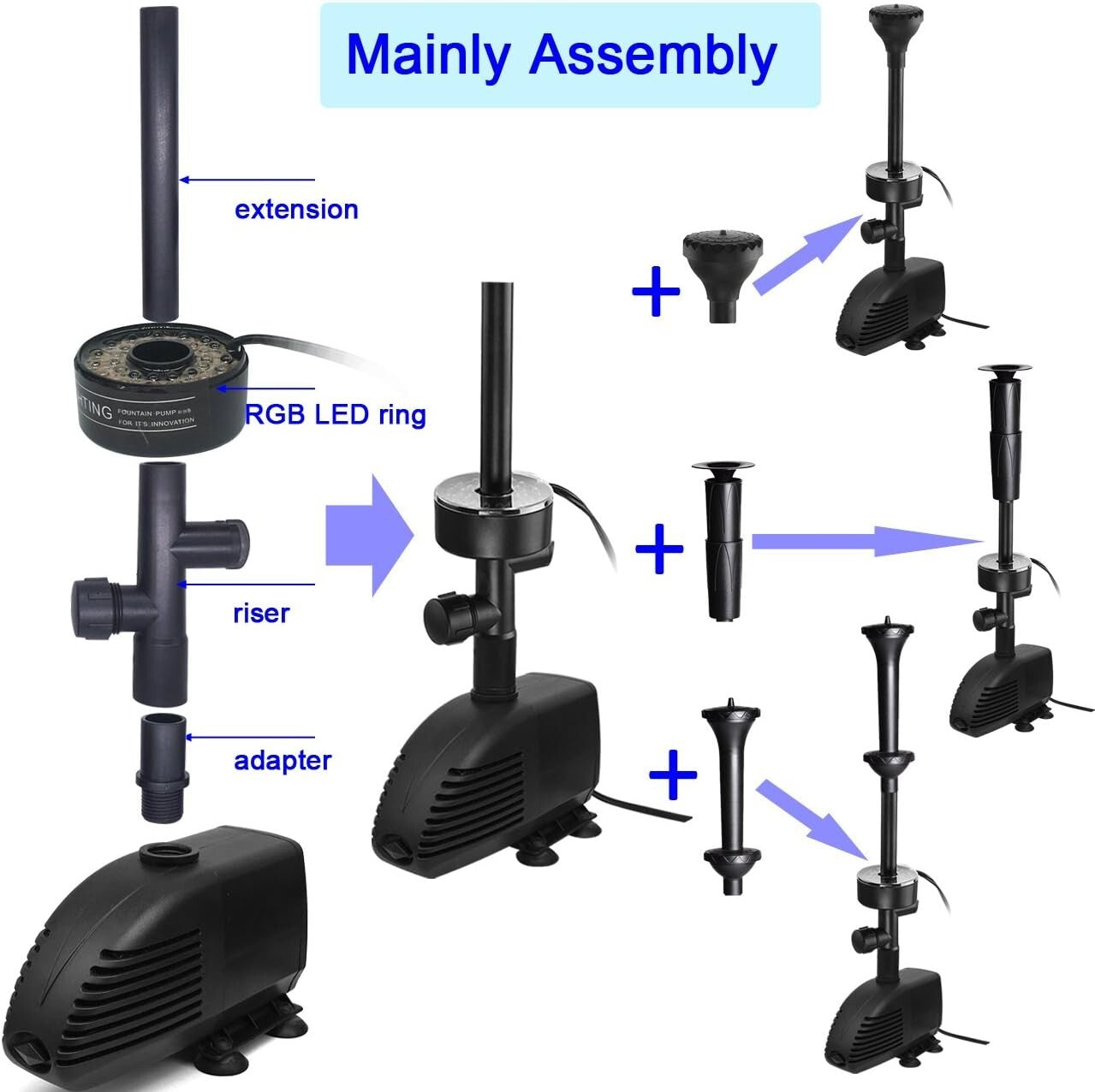 Ultra Quiet 660 GPH Water Fountain Pump with Detachable RGB Lights for Gardens