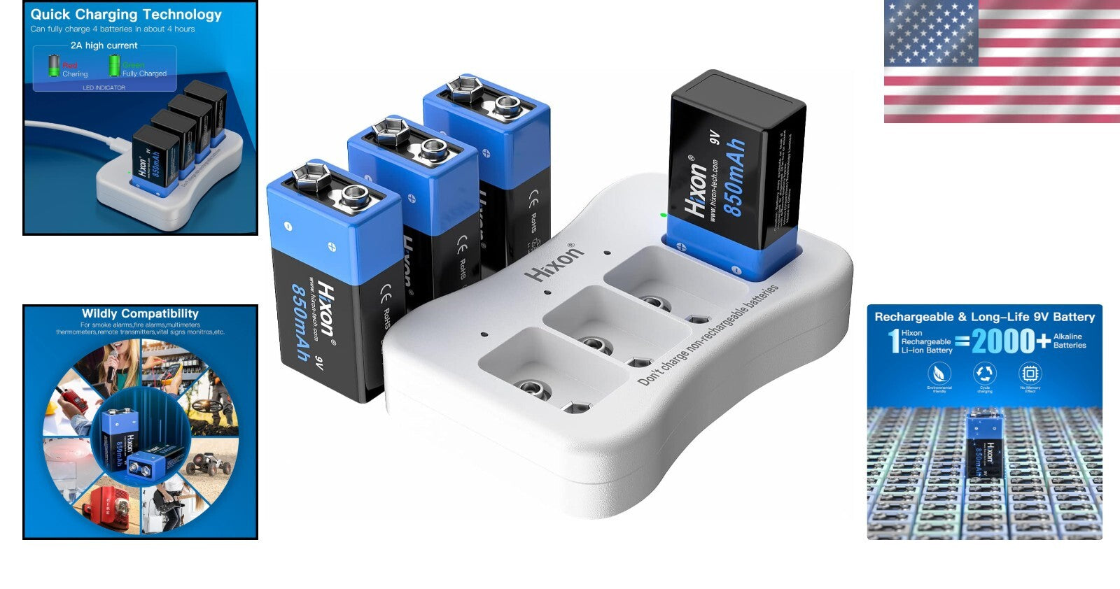 Fast-Charging 9V Battery Set - 850mAh Rechargeable Lithium Pack with Charger