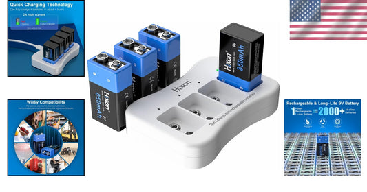 Fast-Charging 9V Battery Set - 850mAh Rechargeable Lithium Pack with Charger
