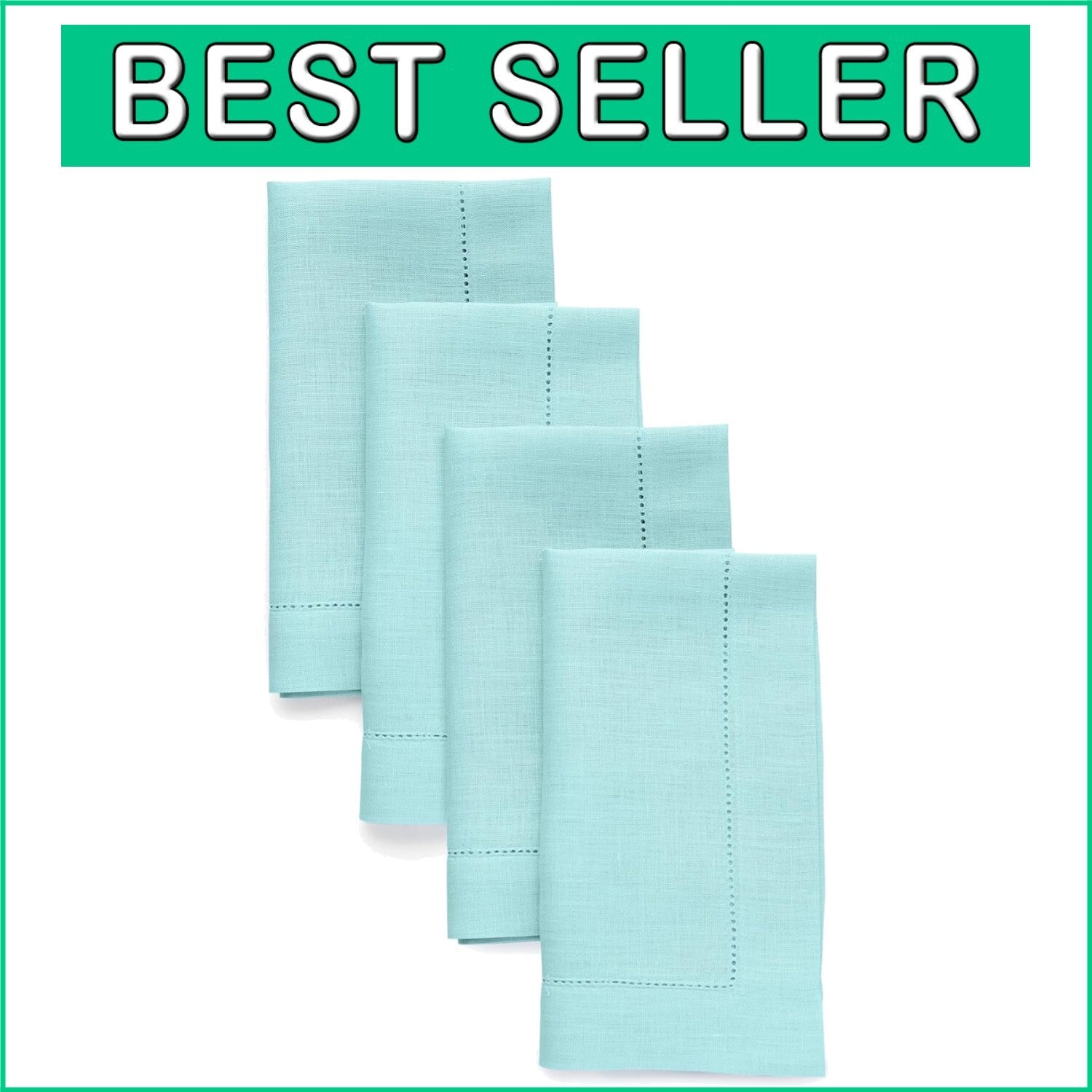 Handcrafted Aqua Blue Linen Napkins - Set of 4, 20 x 20 Inch, Hemstitch Design