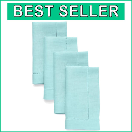 Handcrafted Aqua Blue Linen Napkins - Set of 4, 20 x 20 Inch, Hemstitch Design