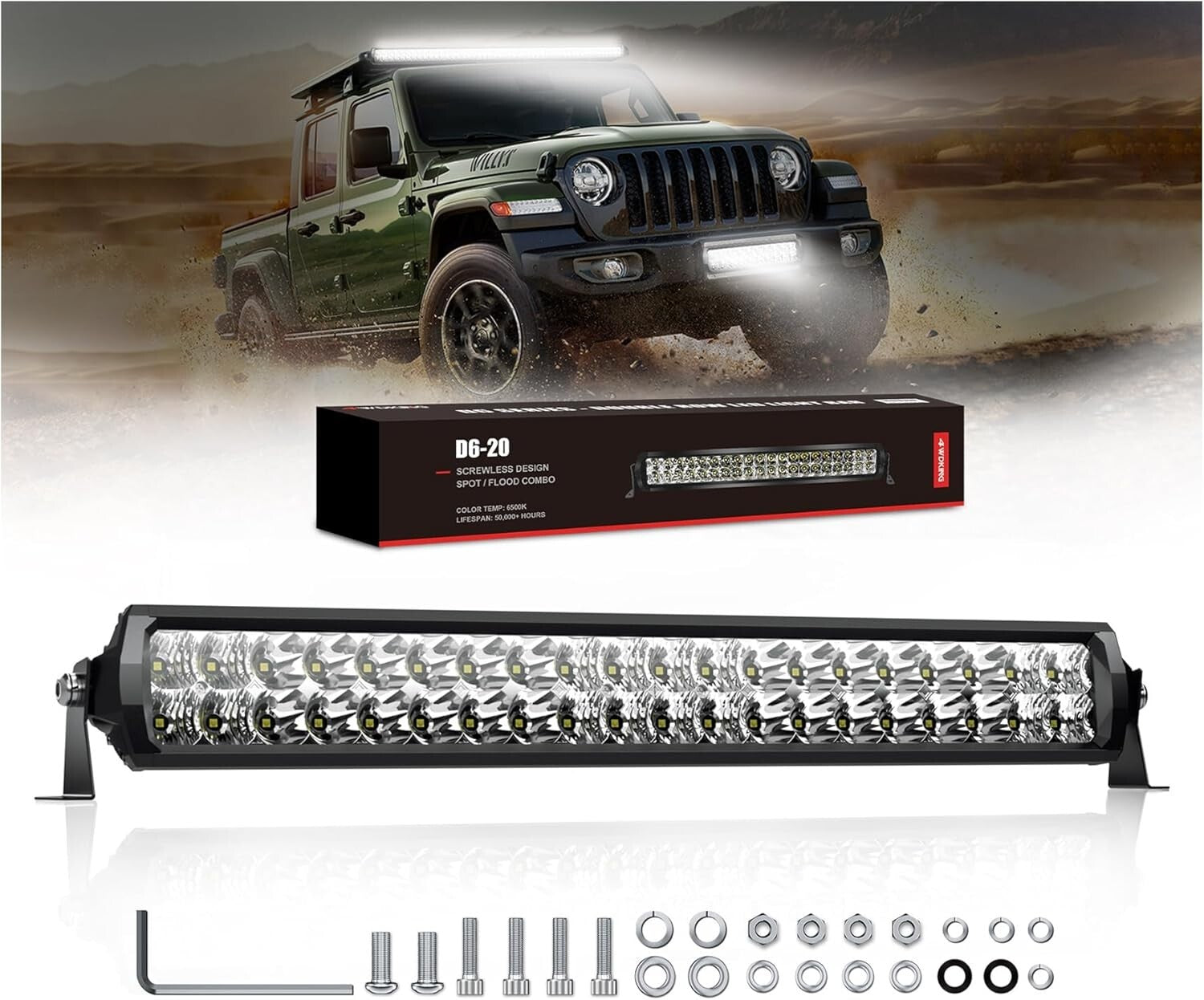 20 Inch Dual Row LED Light Bar, IP68 Waterproof with Stainless Mounting Brackets