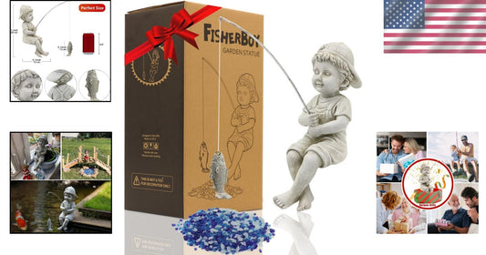 11-Inch Handcrafted Fisherboy Statue with Glow Pebbles - Perfect Garden Decor