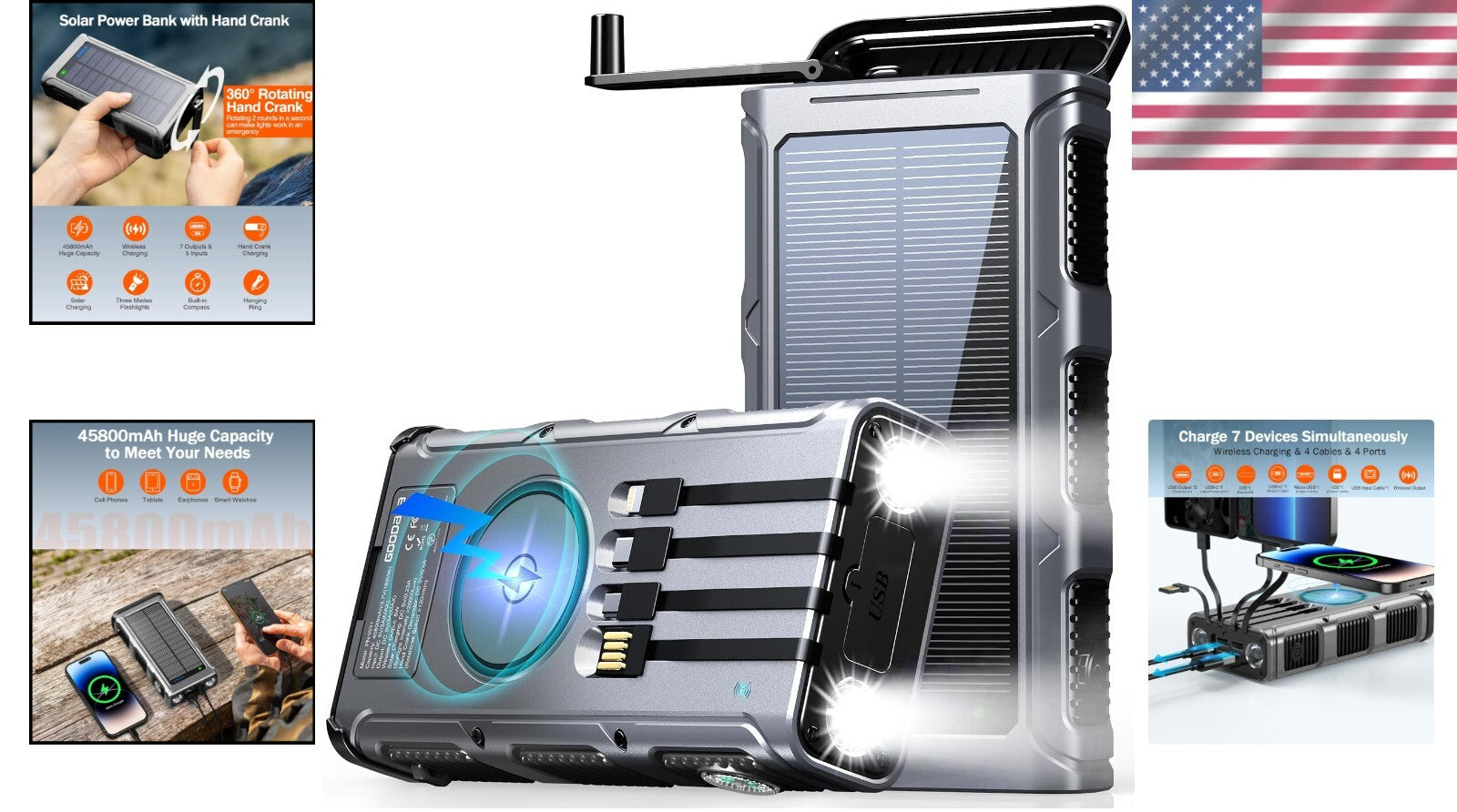 45800mAh Solar Power Bank with Built-In Cables & Flashlight - Fast Charging