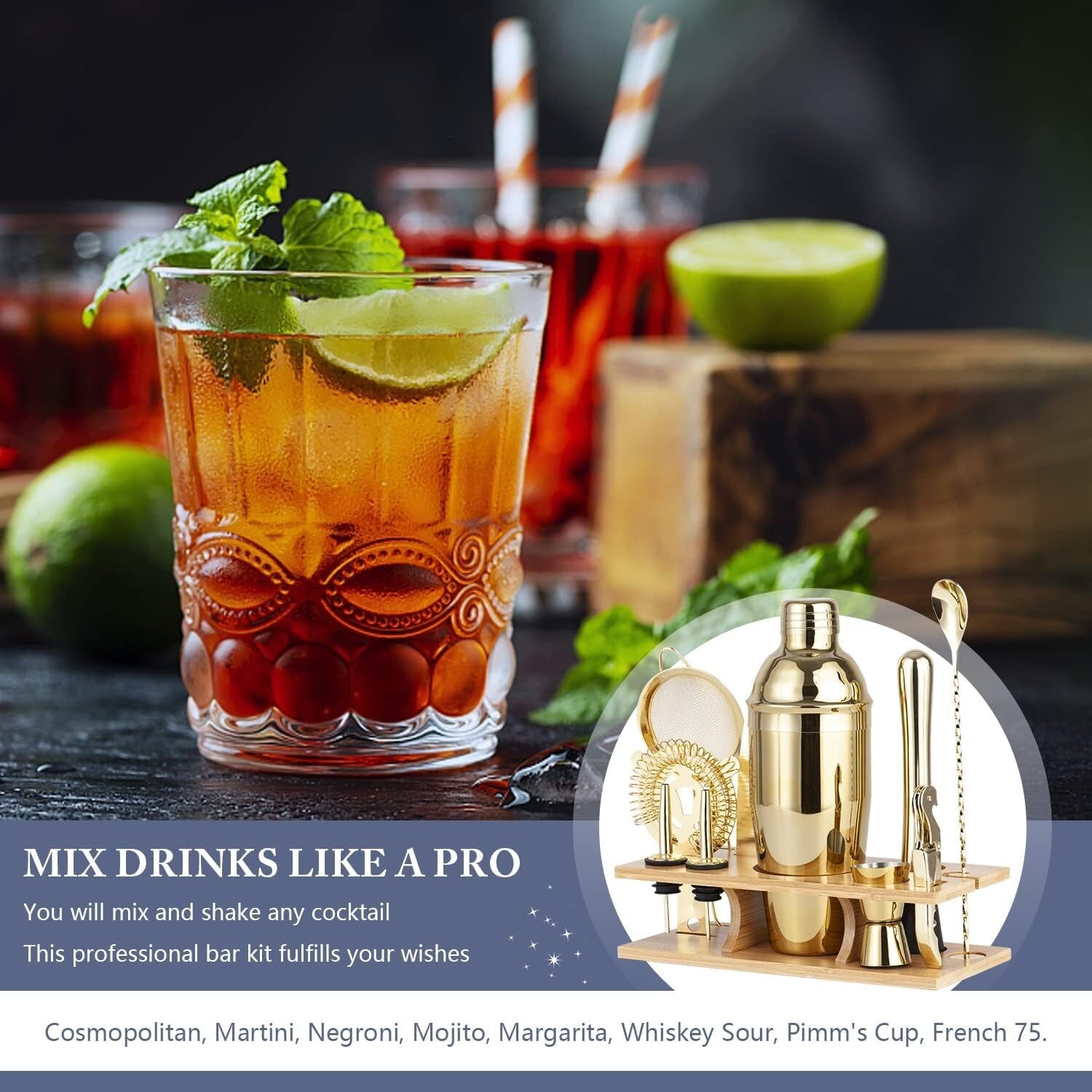 Luxury 11-Piece Mixology Set in Matte Gold - Includes Shaker, Muddler & More