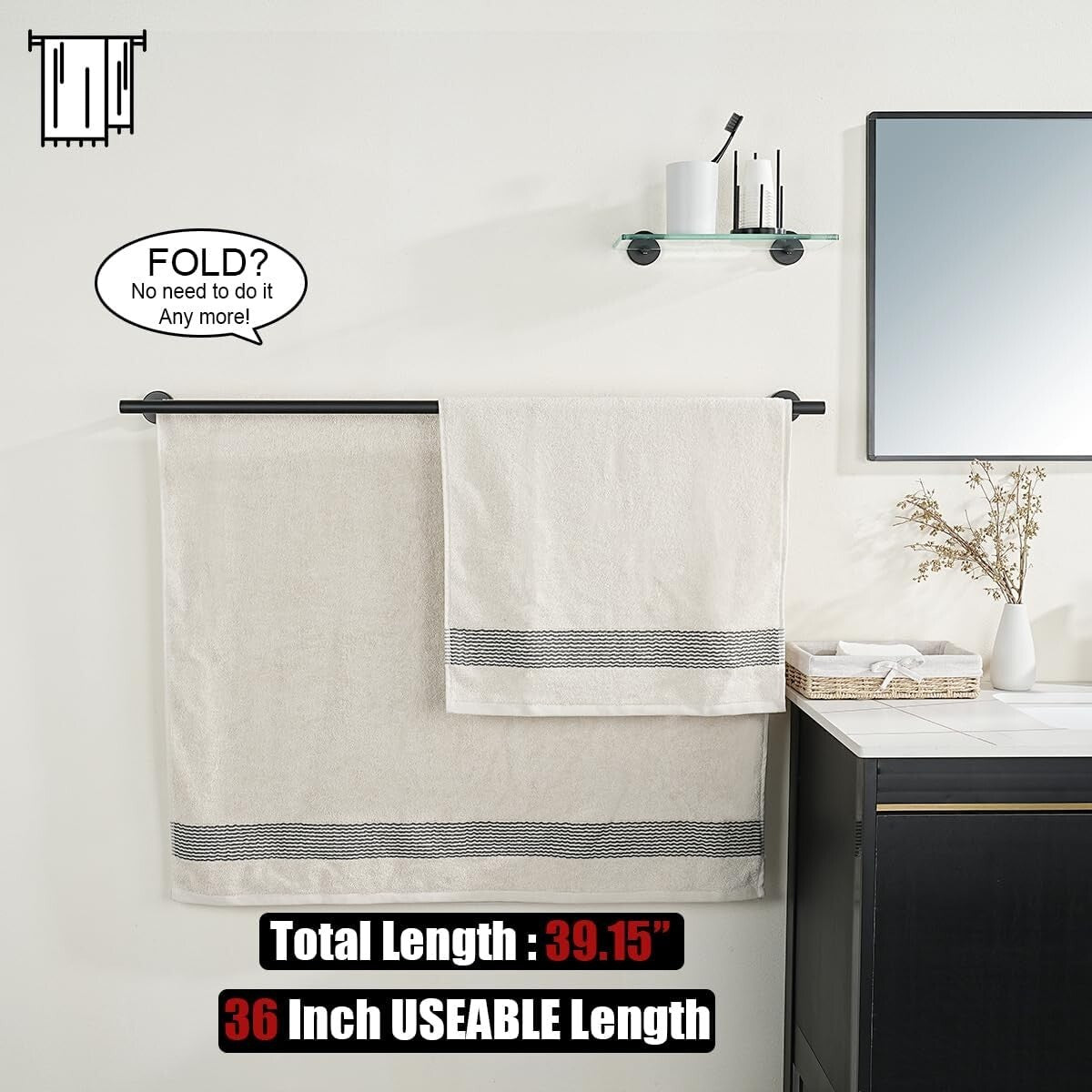 Matte Black Wall-Mount Towel Holder - 39.13 Inch Spacious Design for Bath Towels