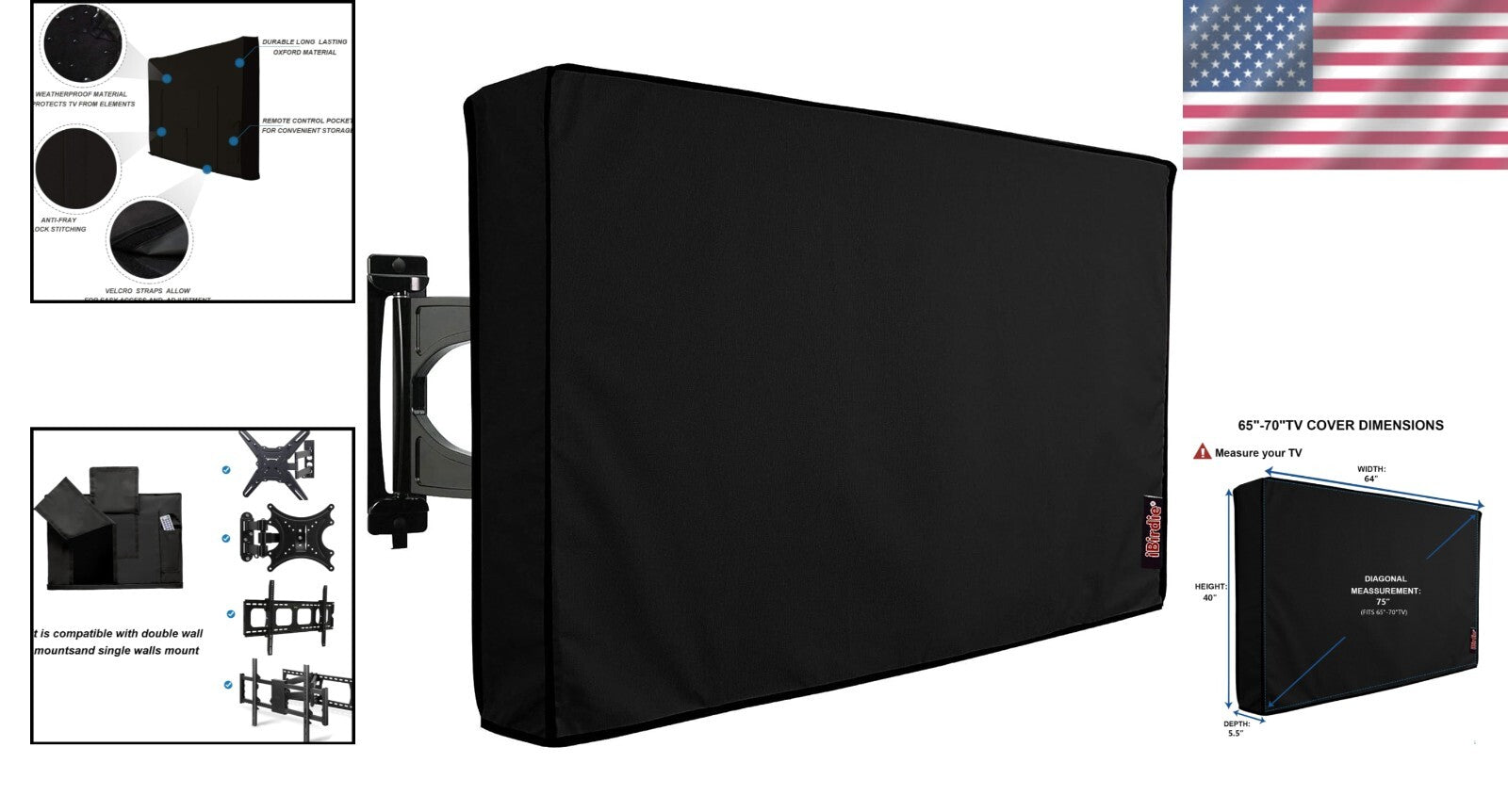 Lightweight Waterproof Outdoor TV Cover for 65-70 Inch TVs - Hook & Loop Closure