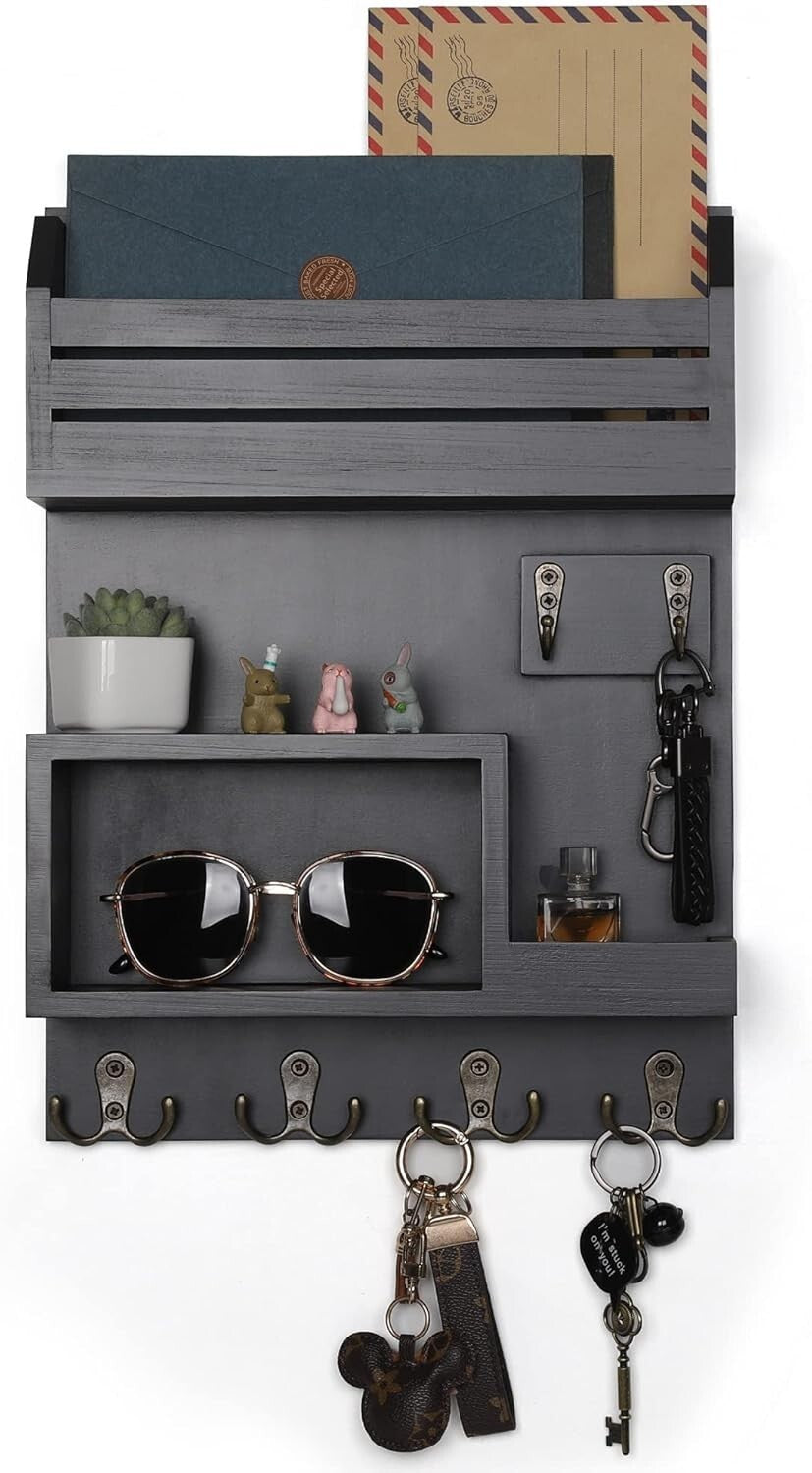 Versatile Wall-Mounted Key and Mail Organizer with Double Hooks - Rustic Charm