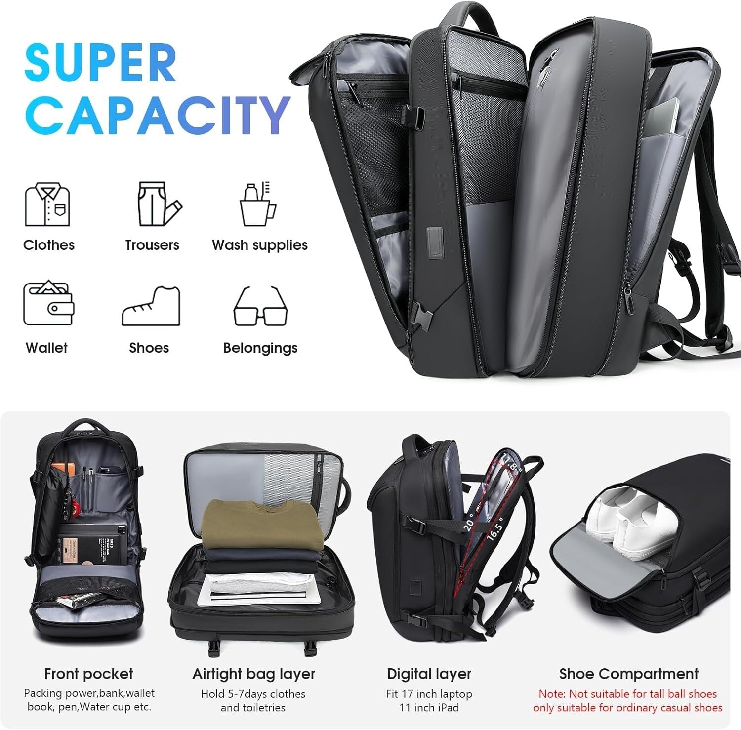 Versatile USB Charging Travel Backpack - 50L Expandable with Vacuum Compression