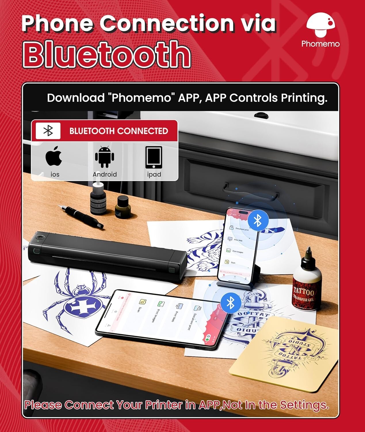 Bluetooth Wireless Tattoo Stencil Printer - Portable & Inkless Printing Machine