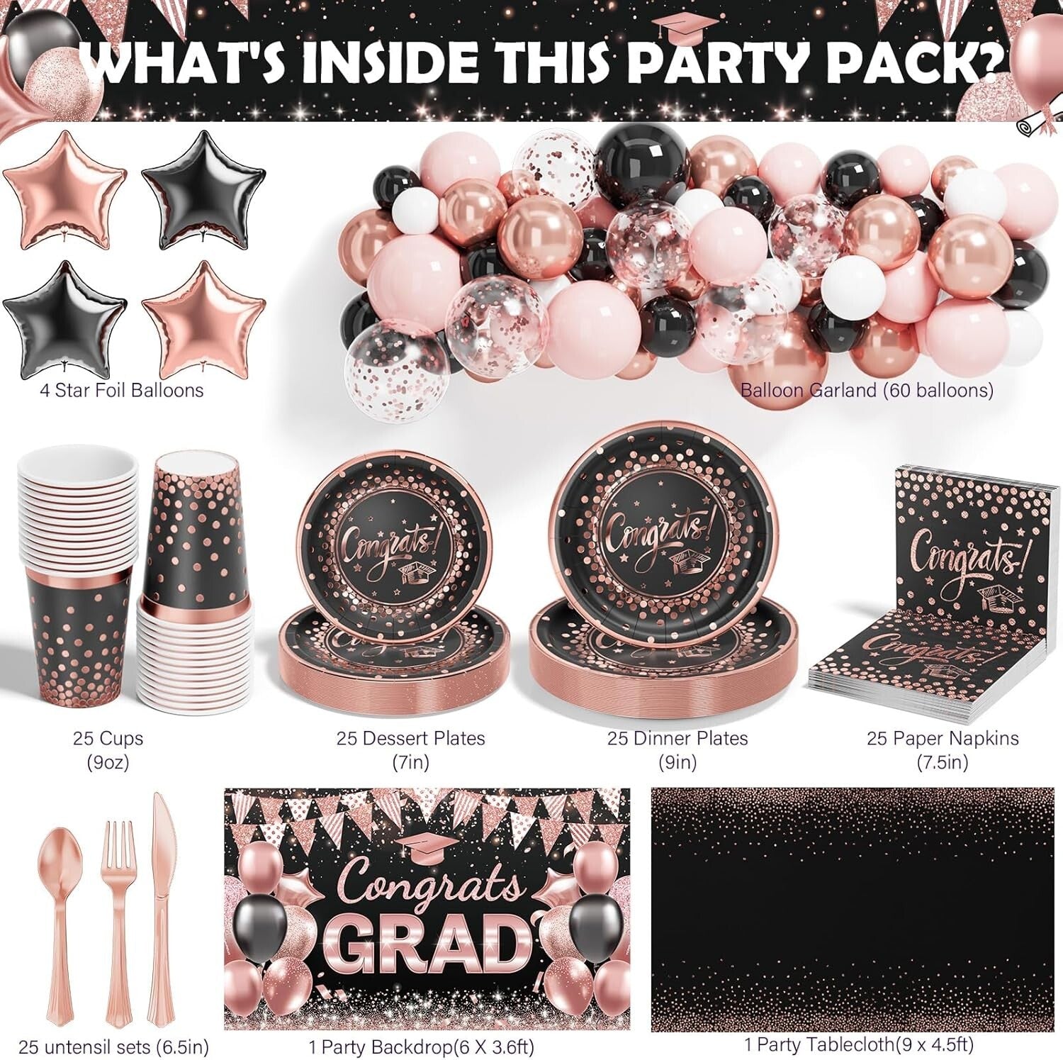 Complete 2025 Graduation Celebration Kit - 245 PCS in Black, Pink & Rose Gold