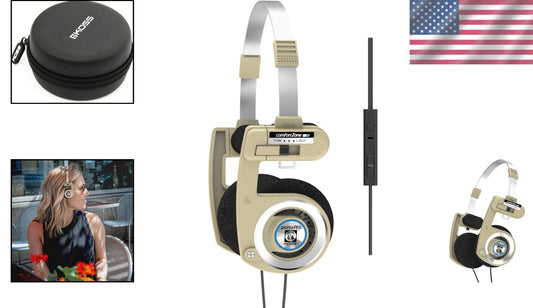 Foldable Porta Pro Headphones in Rhythm Beige with Volume Control & Carry Case