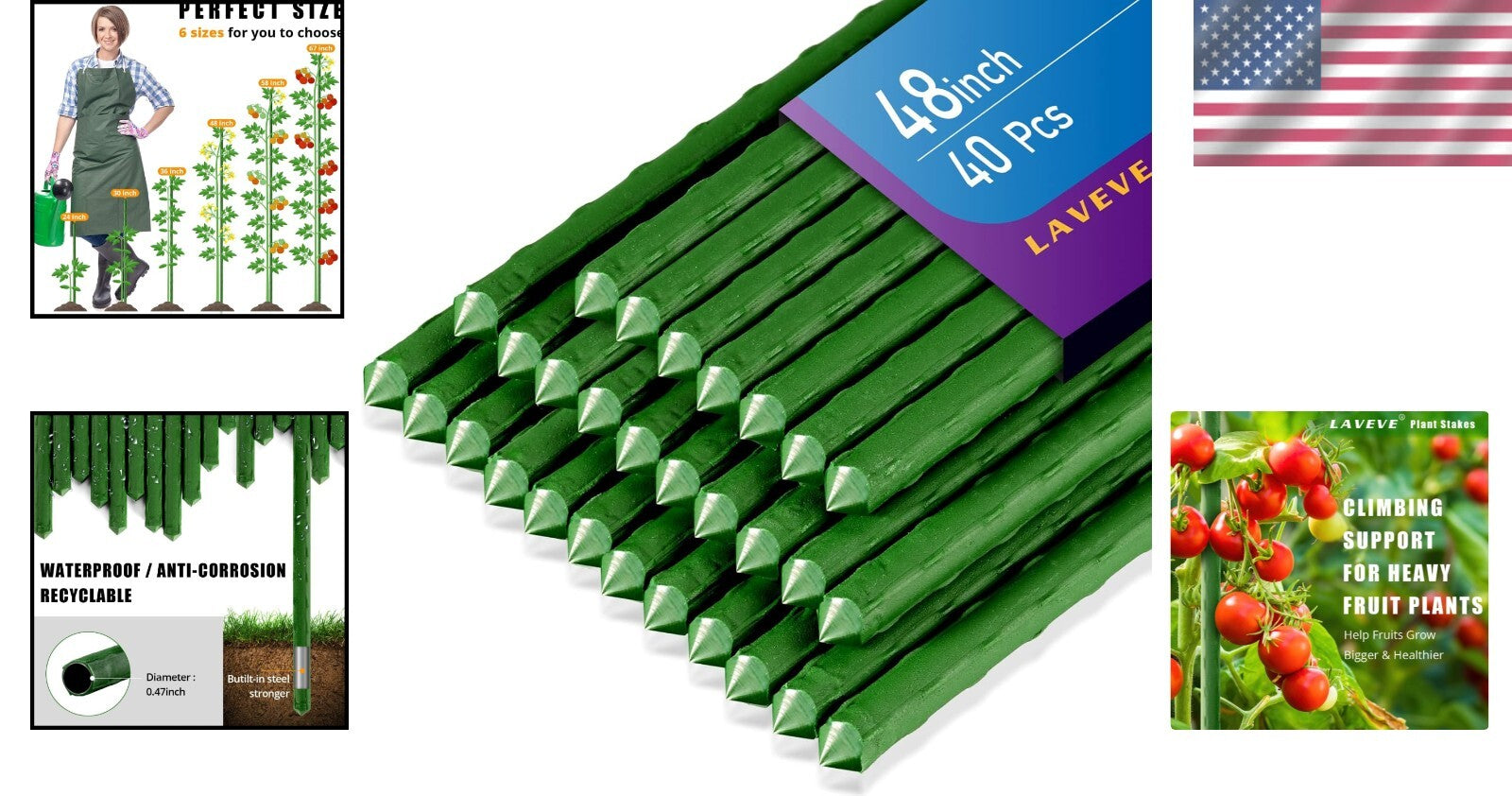 48-Inch Heavy Duty Steel Garden Stakes - Pack of 40 for Strong Plant Support