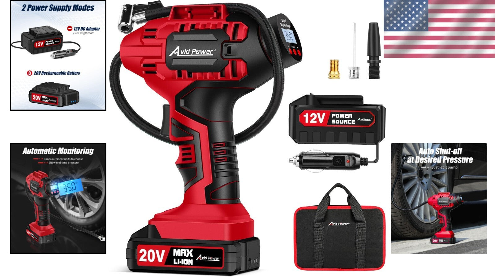 Multi-Purpose 20V Tire Inflator - Lightweight, Fast, with Tool Bag Accessory