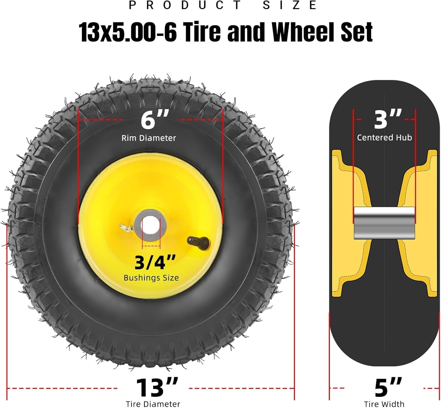 Heavy-Duty Tubeless Lawn Mower Tire & Wheel Assembly 2-Pack - 13" Diameter