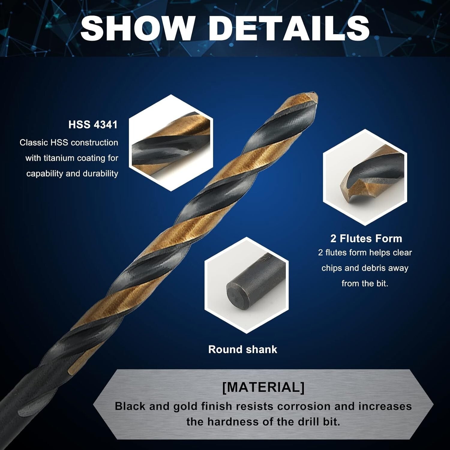 60-Piece High-Speed Steel Drill Bit Set with Black & Gold Finish - Jobber Length