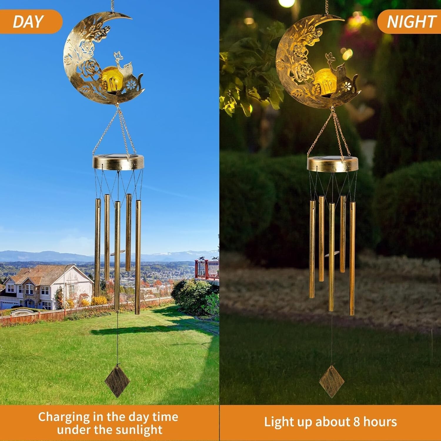 Elegant Solar-Powered Cat Moon Wind Chime - Perfect Gift for Cat Lovers