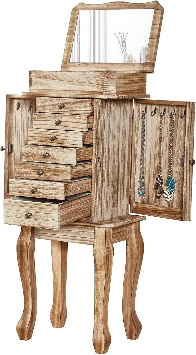 Elegant Jewelry Chest with 7 Drawers & Mirror - Freestanding Rustic Wood Design