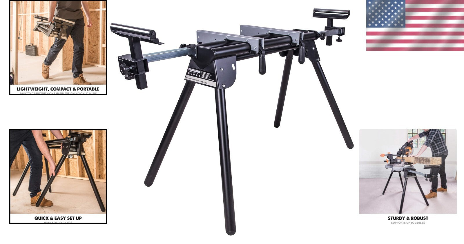 Compact Folding Miter Saw Stand with Universal Mounting & Quick Release Brackets