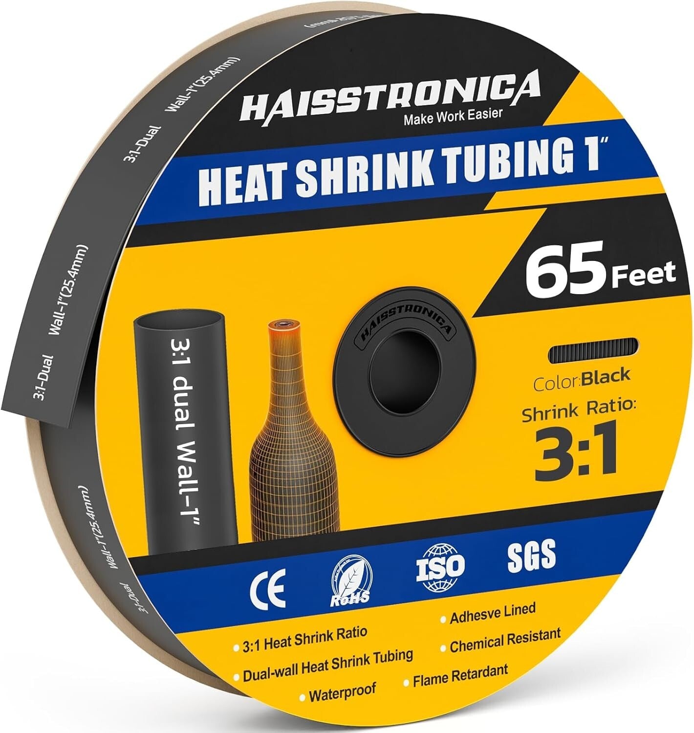 Adhesive-Lined 3:1 Shrink Ratio Tubing, 65FT Durable Black Heat Shrink Roll