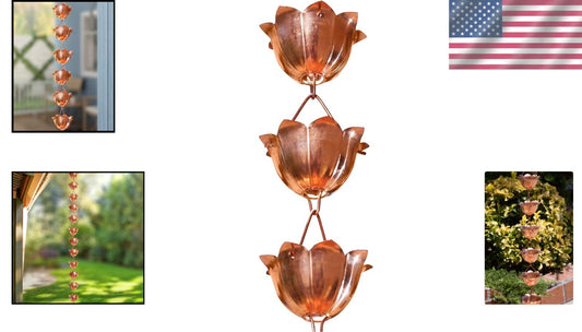 Durable 8.5 Ft Copper Rain Chain with Elegant Lotus Cups - Eco-Friendly Solution