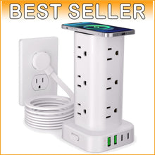 Load image into Gallery viewer, 17-in-1 Power Strip Tower with Wireless Charger &amp; 10FT Extension Cord, White