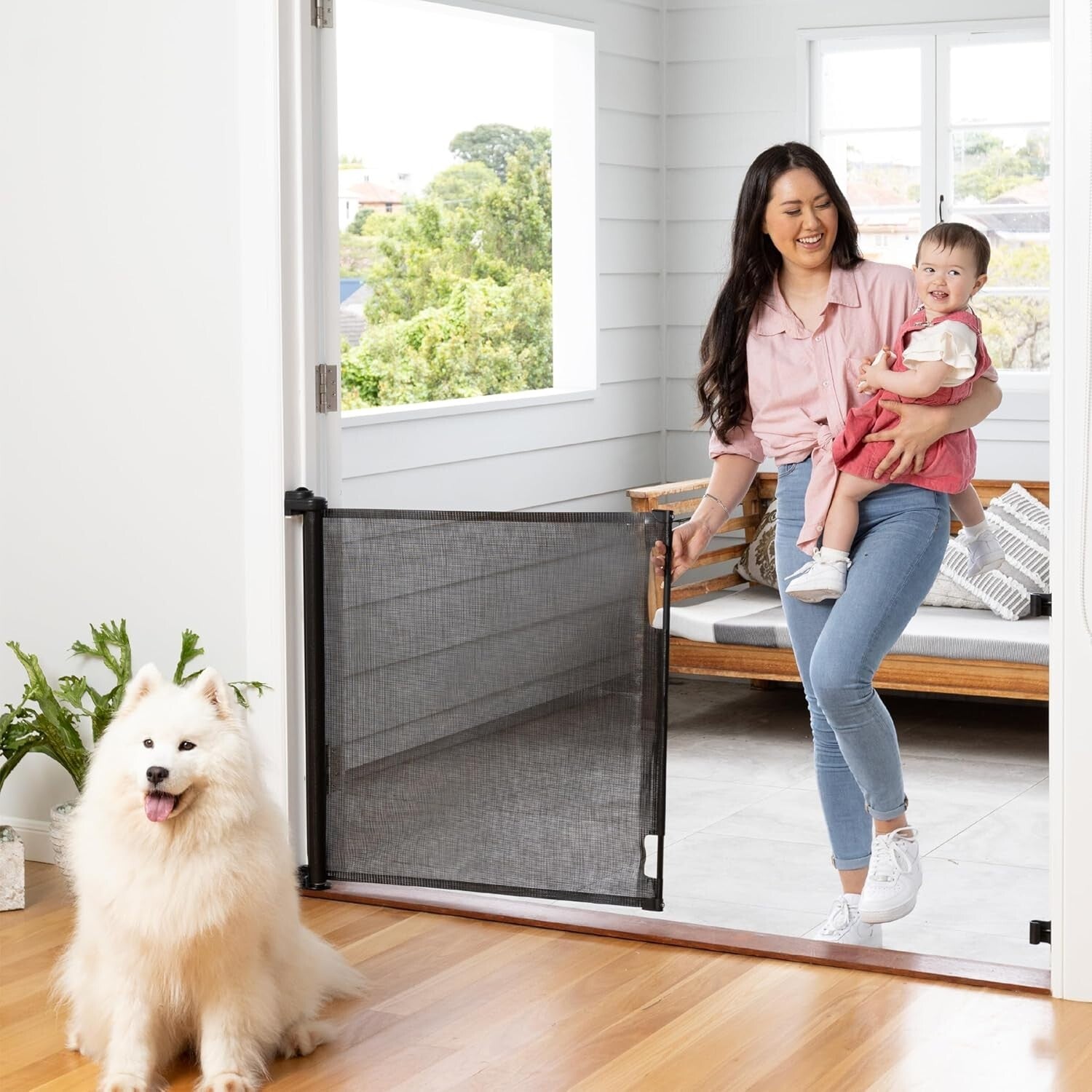 33" Tall Retractable Gate - Perfect for Pets & Infants, 3-Way Locking System