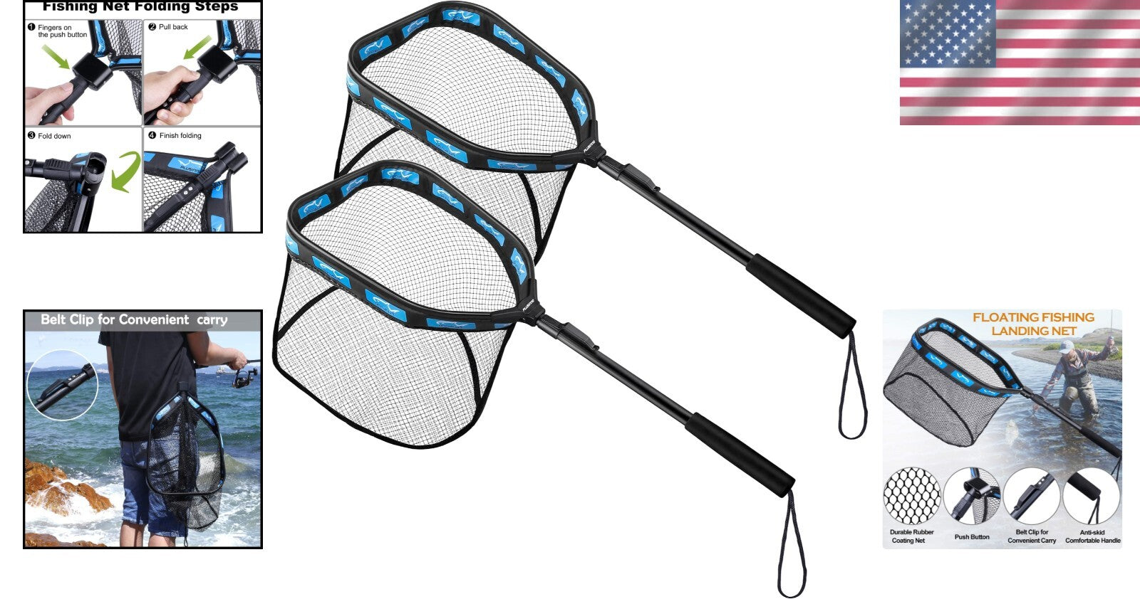 Large Floating Fishing Net - Rubber Coated, Compact & Foldable for Easy Use