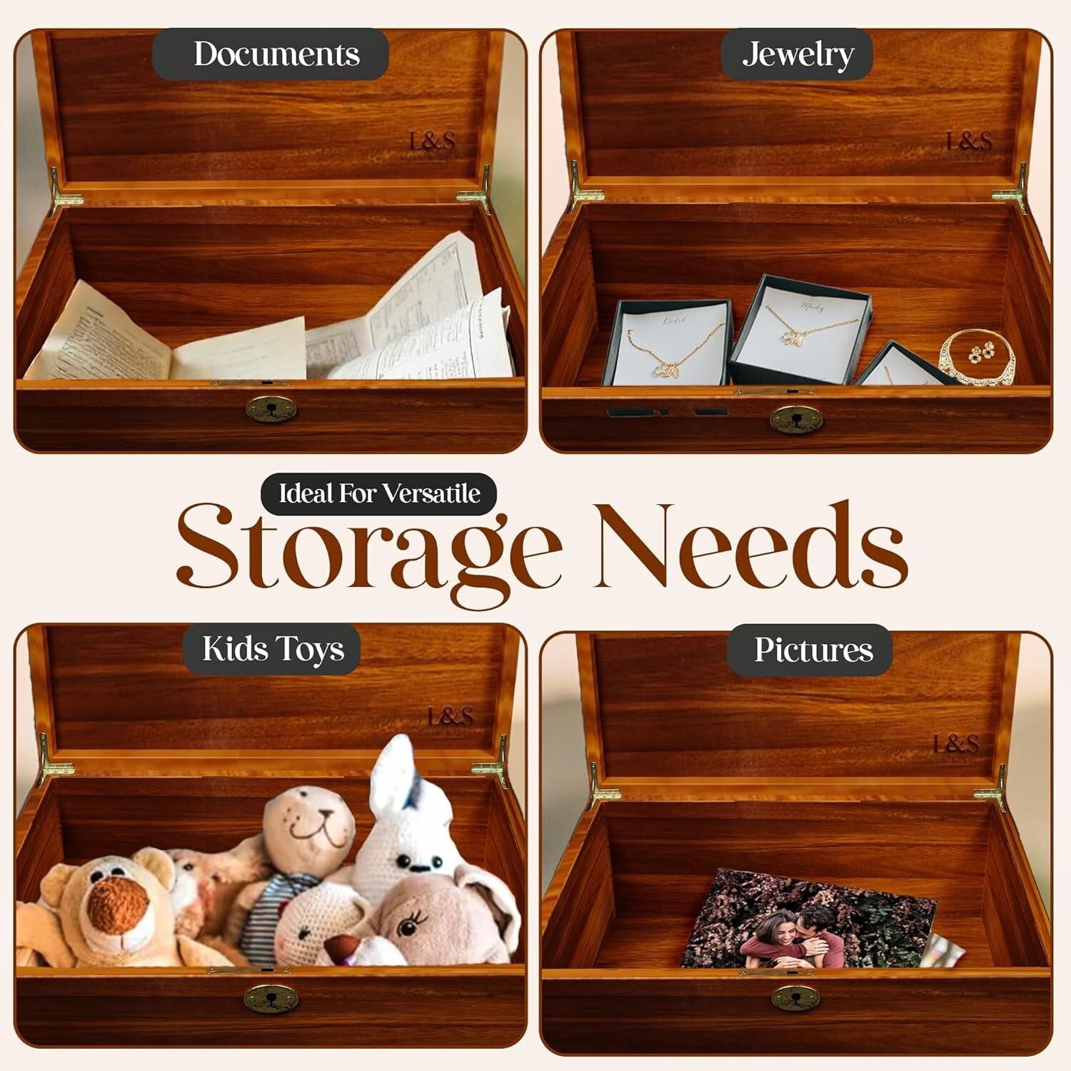 Decorative Lockable Memory Box - Solid Walnut Finish, 6L Storage Volume