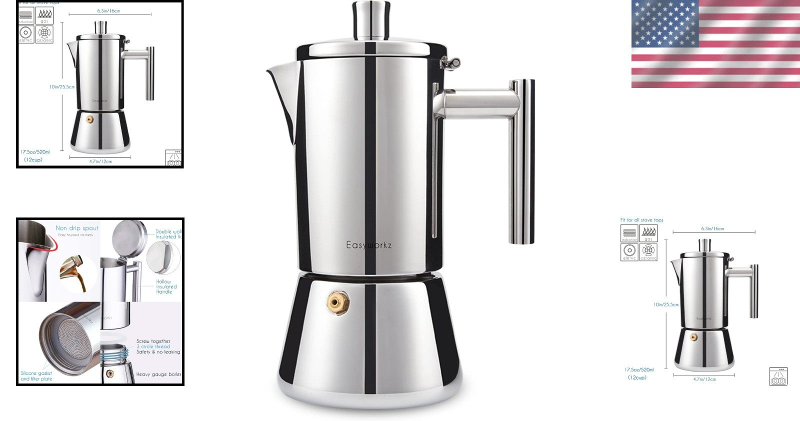 Diego 12-Cup Moka Pot - Stylish Stainless Steel Espresso Maker for All Stovetops