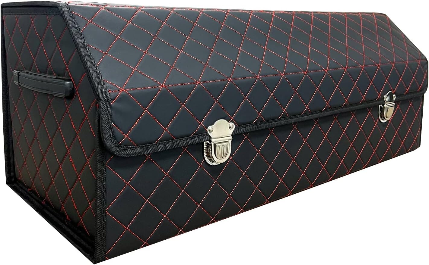 Elegant Foldable Black Red Grid Car Storage Box - Keeps Your Trunk Organized