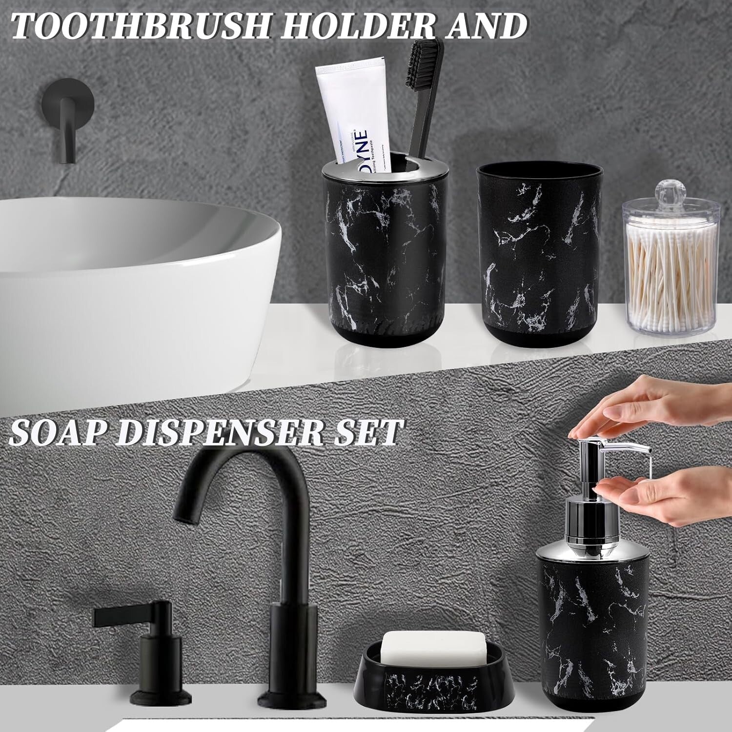 9-Piece Black Marble Bathroom Accessories Set - Enhancing Elegance and Function