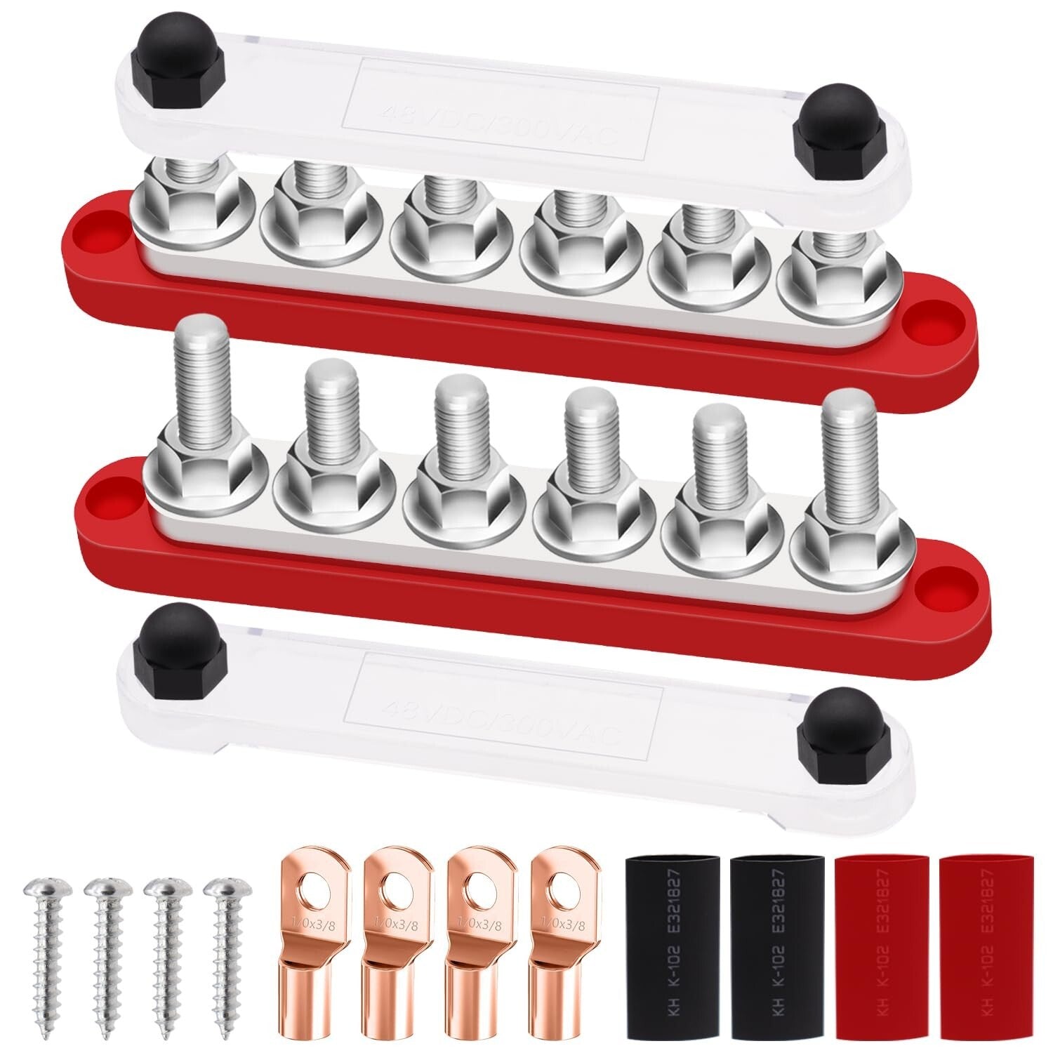 12V-48V Bus Bar with 6 M10 Terminal Studs - Includes Battery lugs & Heat Shrink
