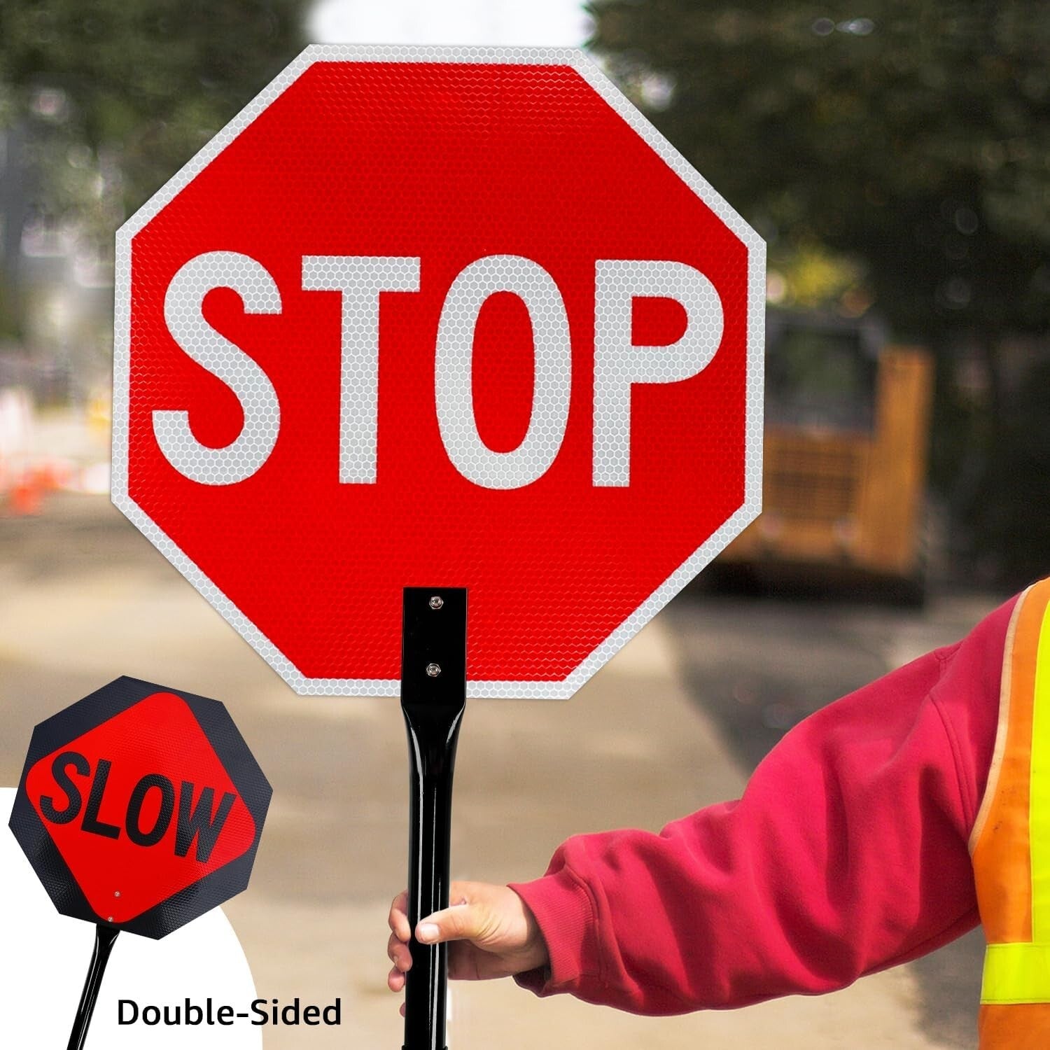 18x18 Double-Sided Stop Slow Sign with Metal Handle, 2 Pack - Reflective Safety