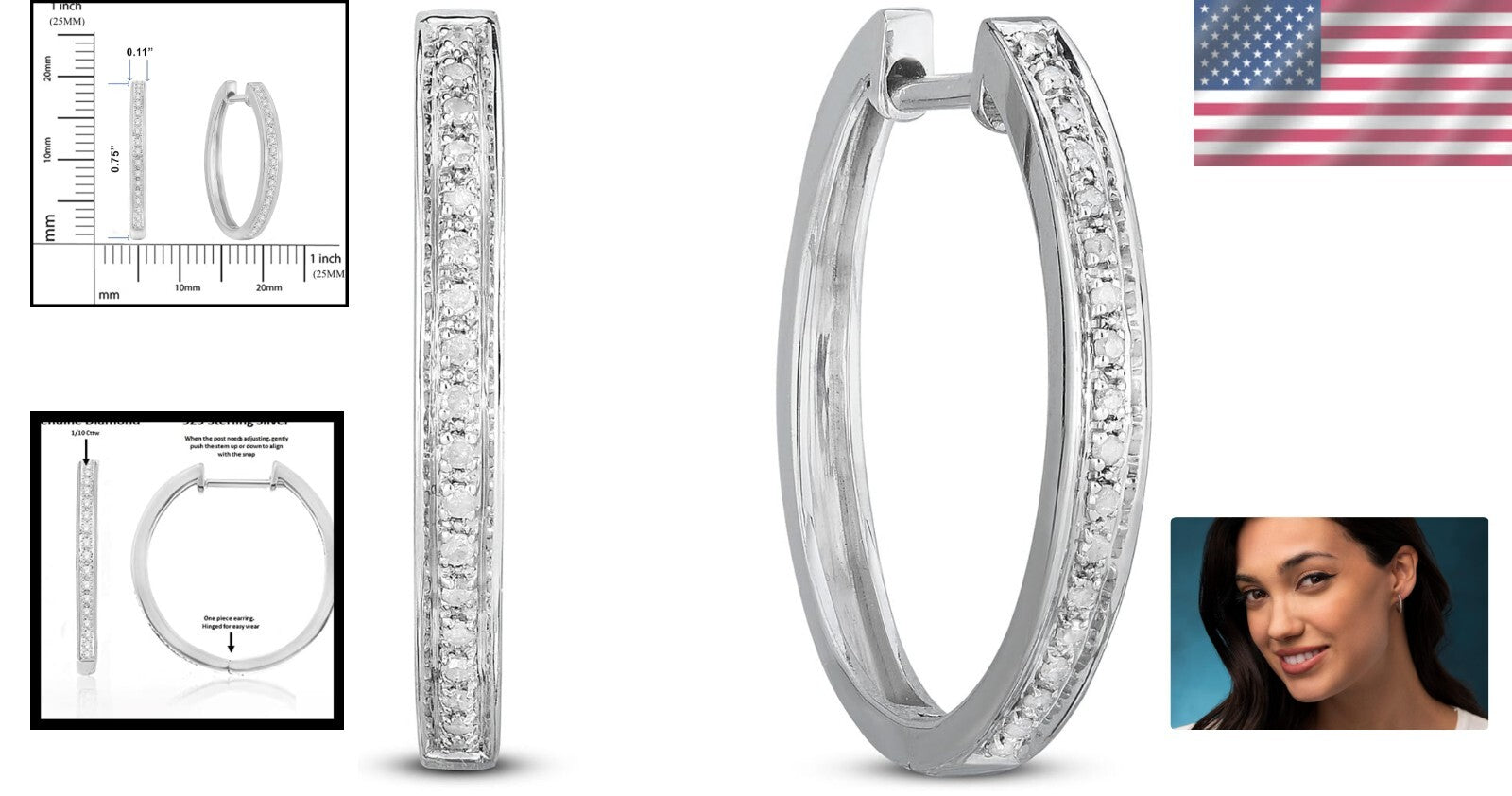 Small Diamond Hoop Earrings - 1/10 Cttw in Rhodium-Plated Silver Gift-Ready