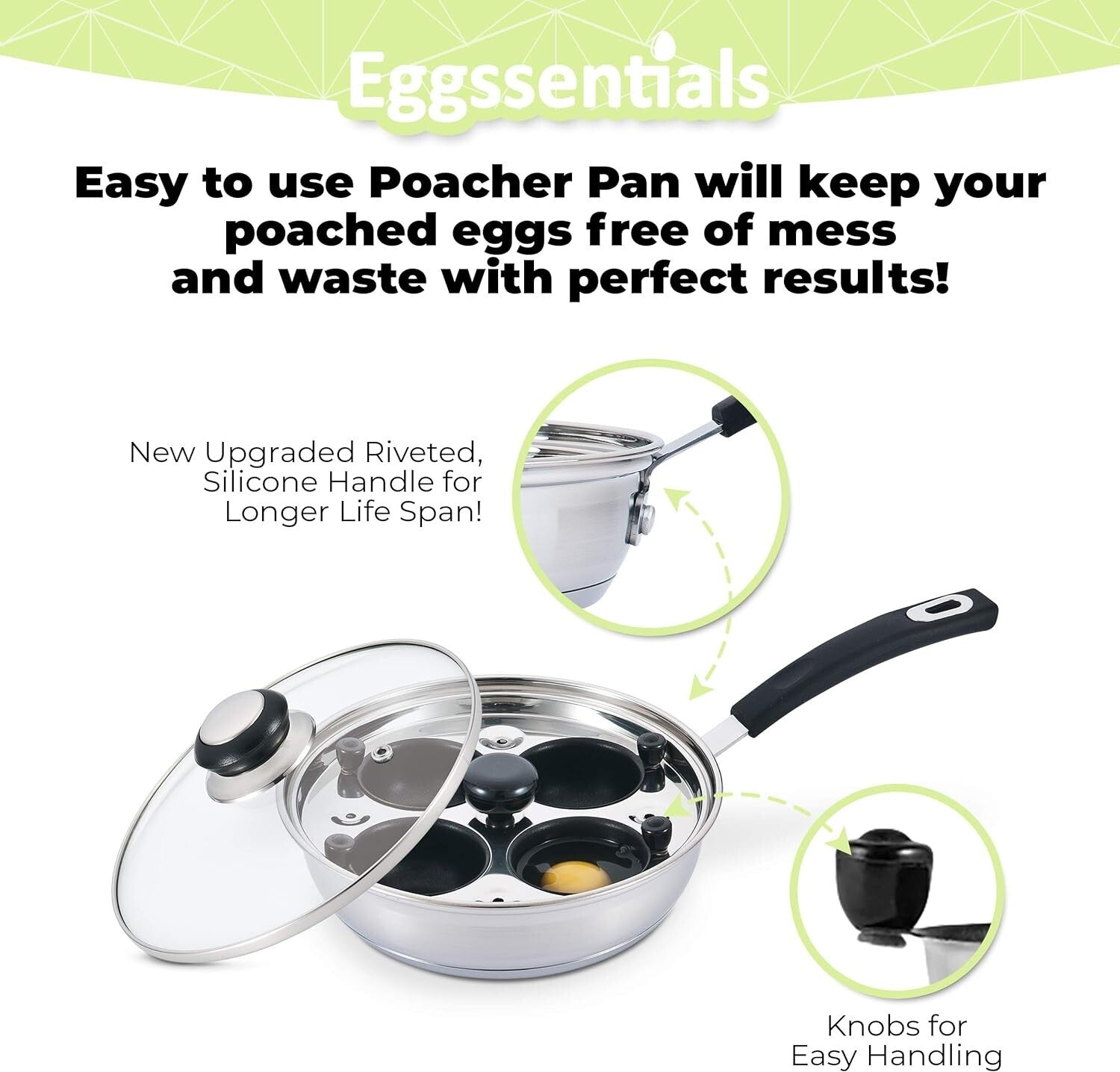 Deluxe Poached Egg Cooker - Sauté Pan with Tempered Glass Lid & Cool Handle