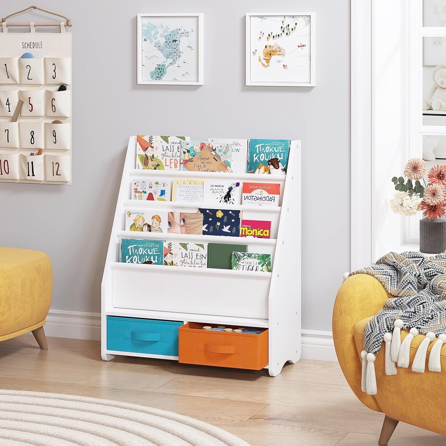 Montessori-Style Kids Bookshelf with 2 Removable Bins for Easy Accessibility