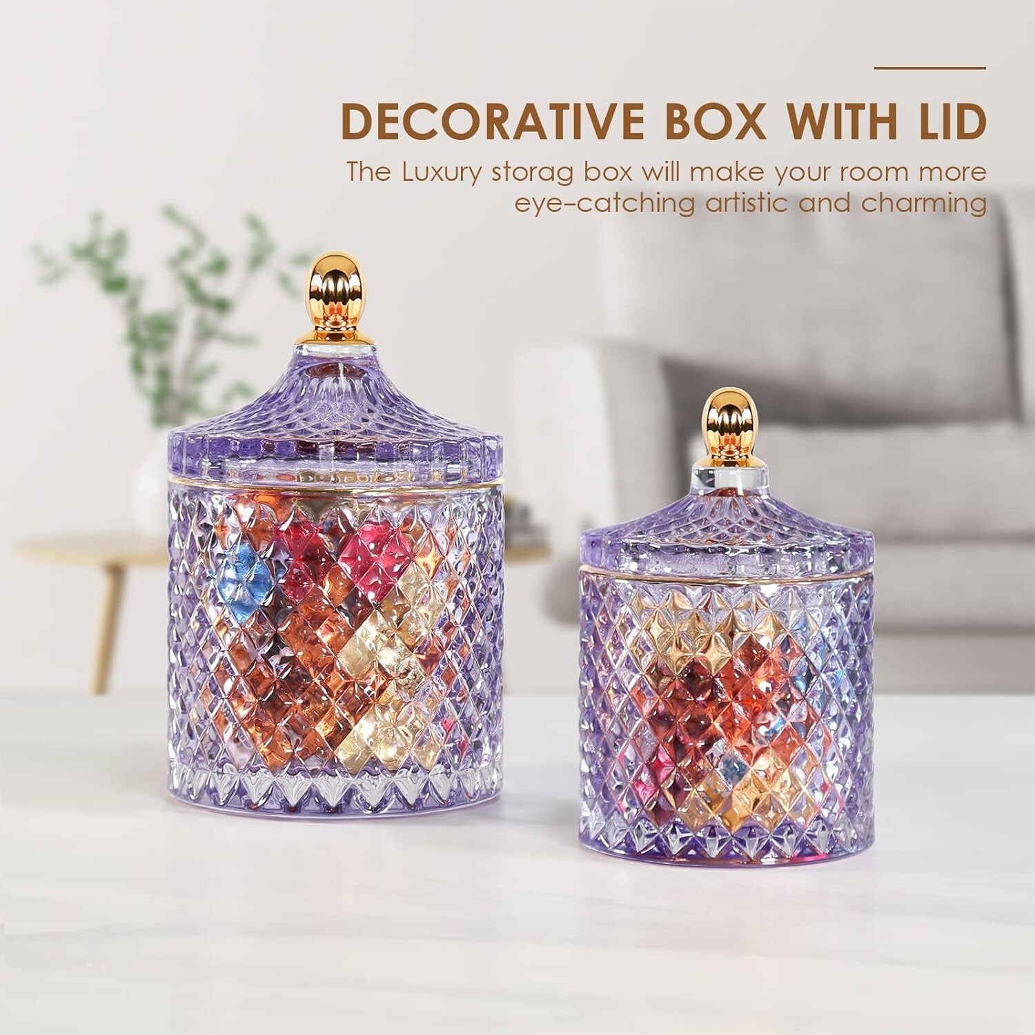 Elegant Diamond-cut Glass Jars in Purple - Versatile Storage Solution Set