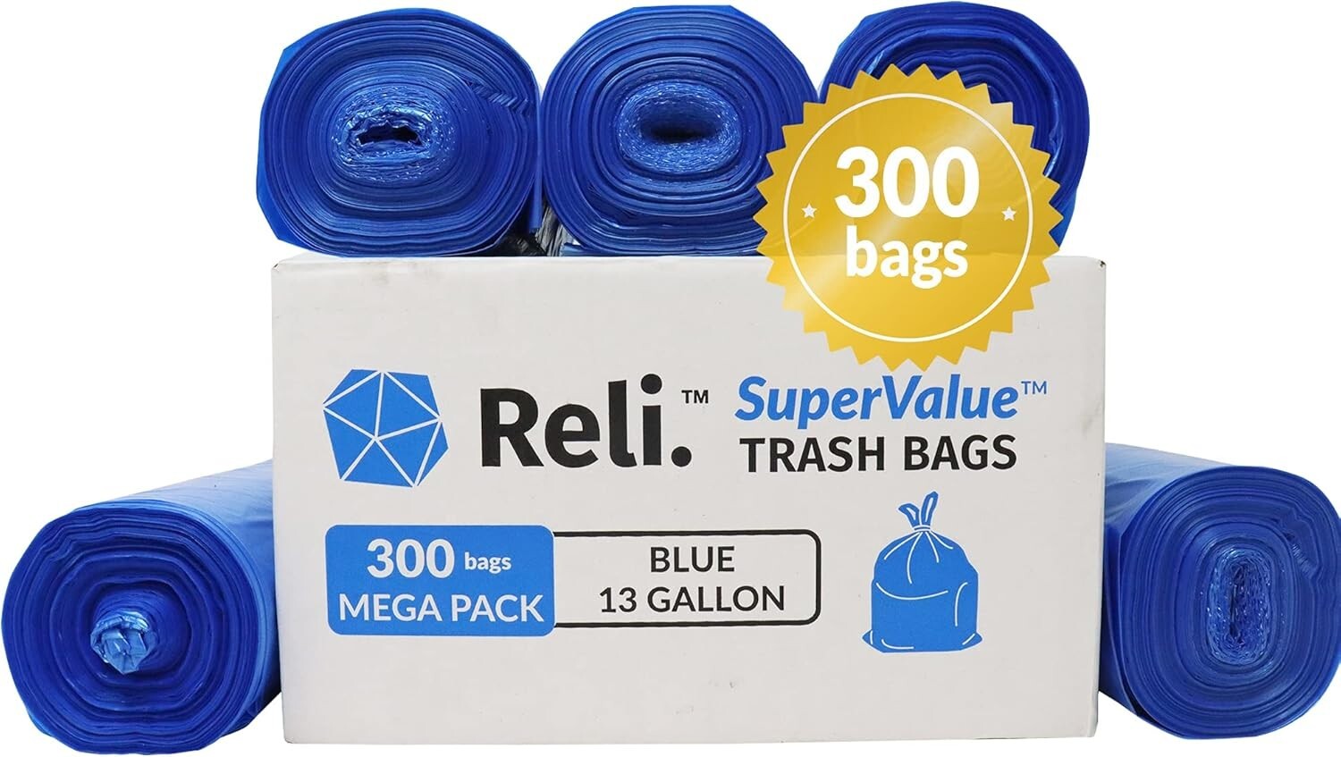 Durable 13 Gallon Blue Recycling Trash Bags | 300 Count - Leak Proof Design