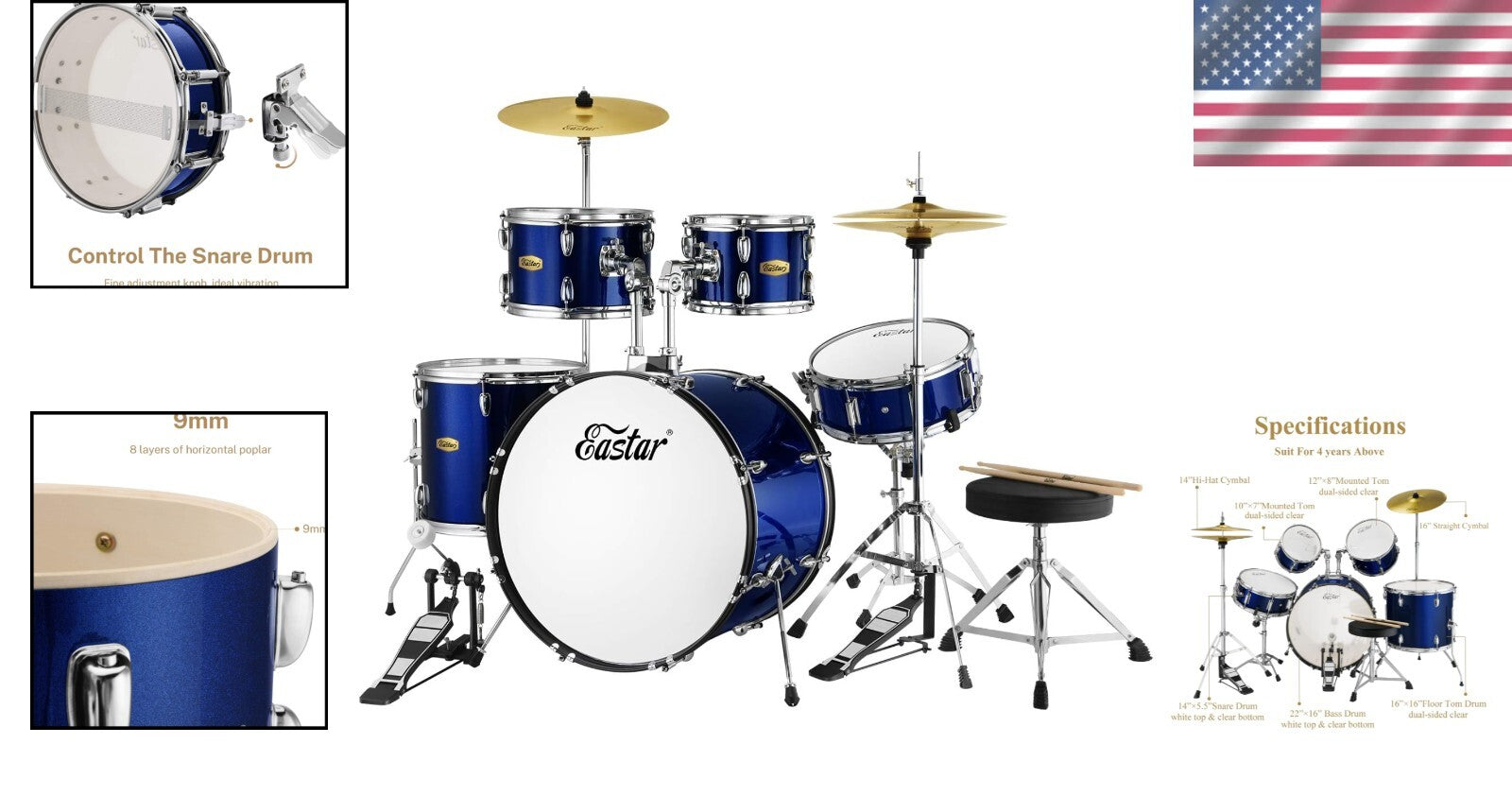 Complete 22-Inch Adult Beginner Drum Set with Bass Pedal and Adjustable Stool