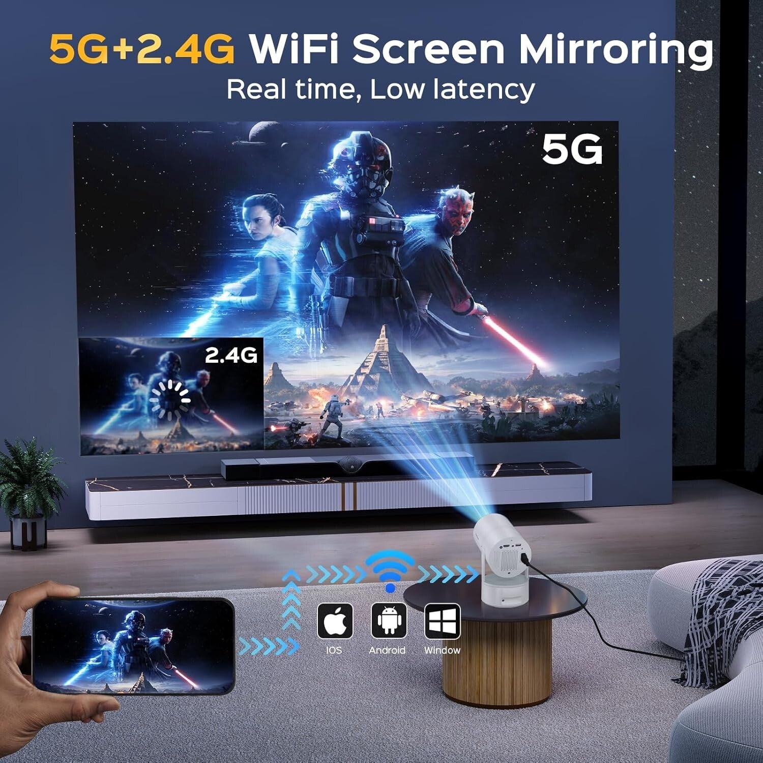 4K Mini Projector: WiFi, Bluetooth & Immersive 150'' Display for Gaming & Movies