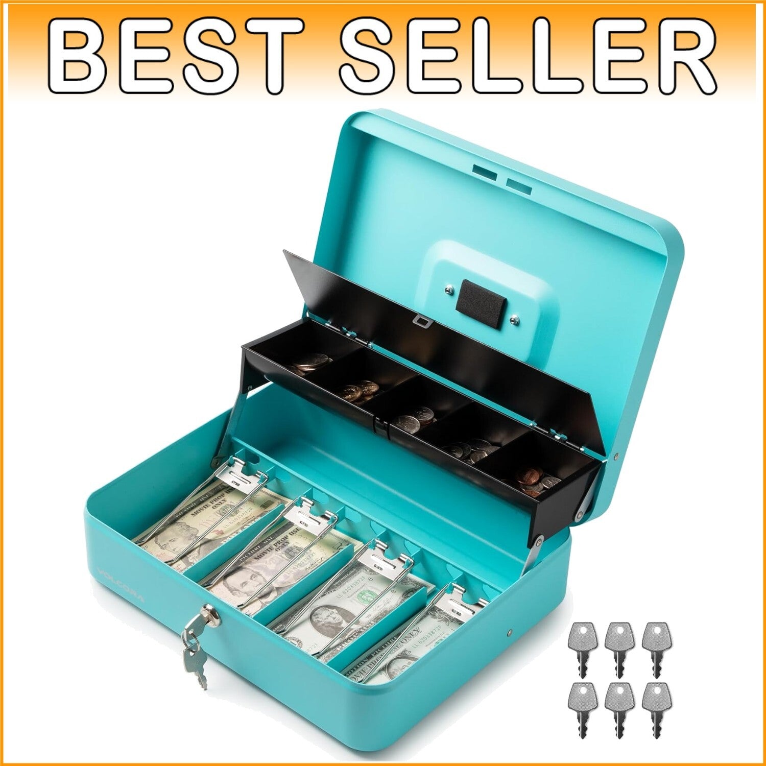 Cyan Key Lock Cash Box: Durable Portable Safe for Events - Heavy-Duty Design