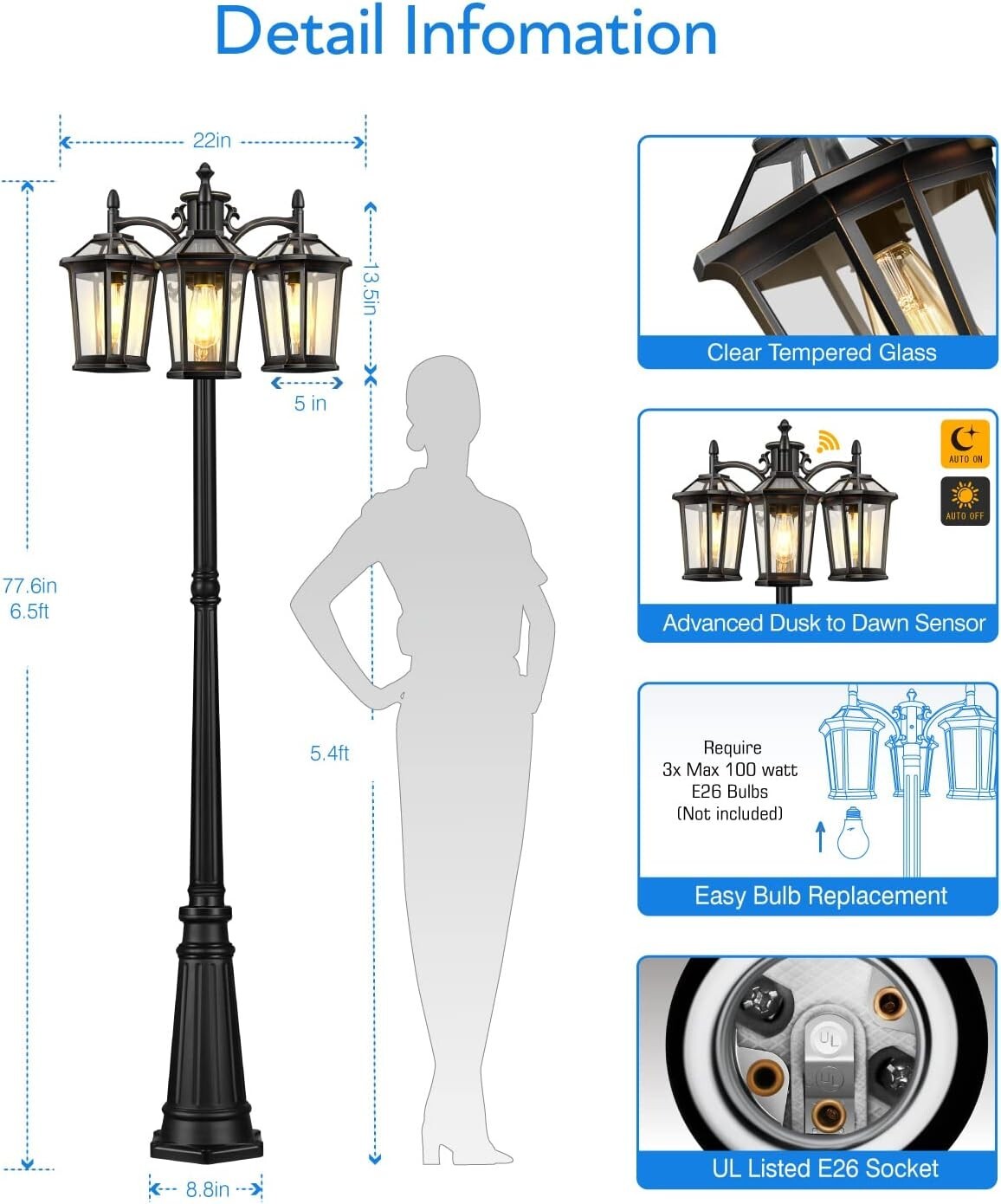 Modern Outdoor Lamp Post Light - 3-Head Waterproof Design with LED Compatibility