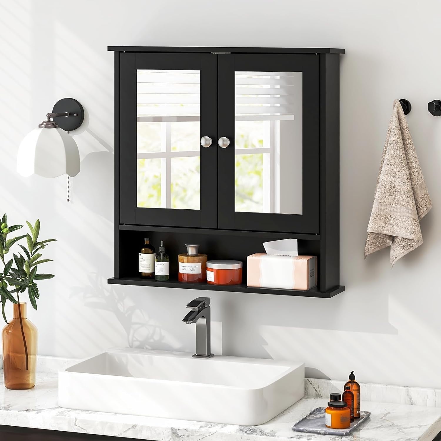 Black Wooden Bathroom Organizer with Double Mirror Doors - Space-Saving Design