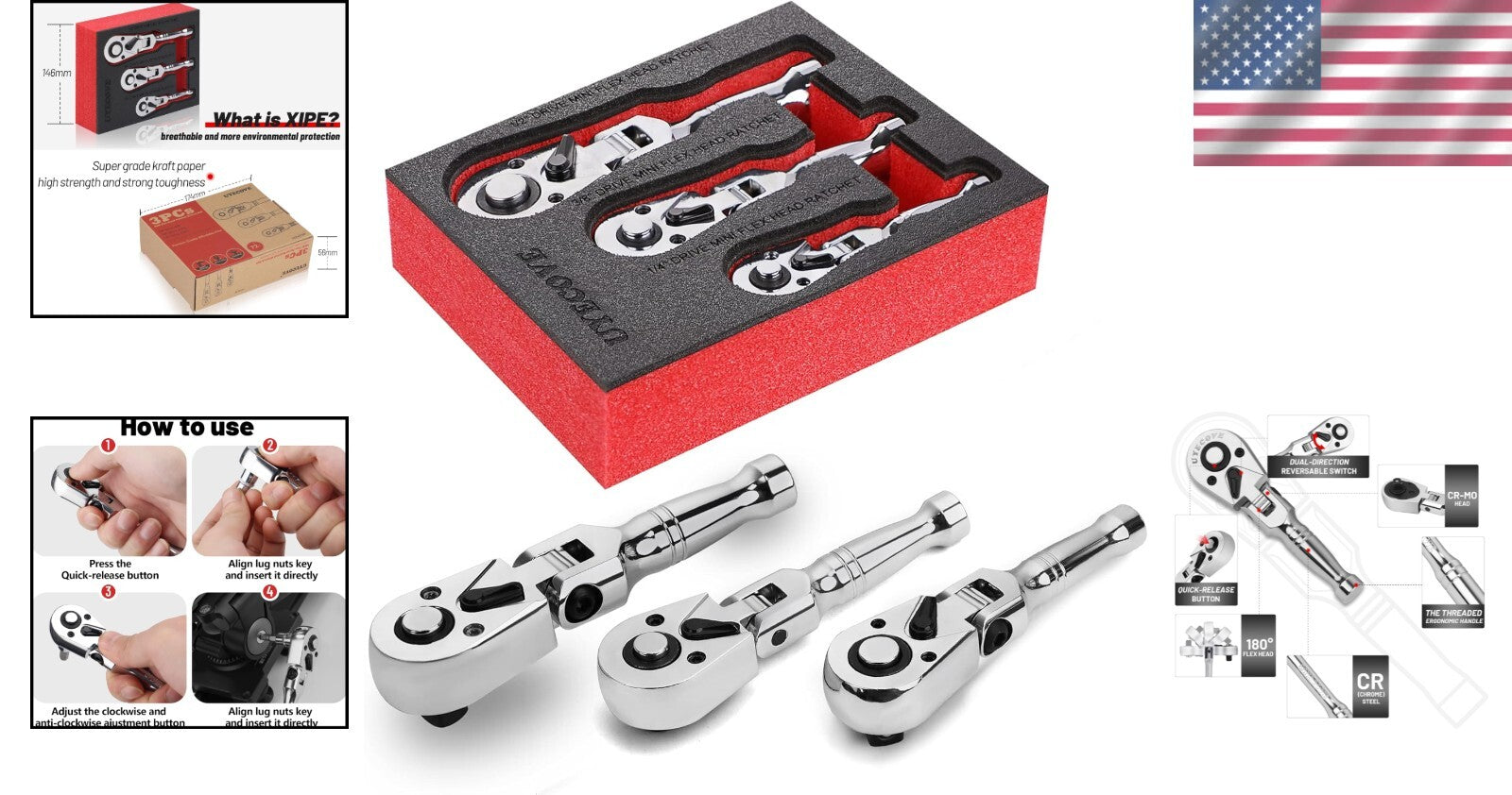 Flexible Head Stubby Ratchet Set - 1/2, 3/8, and 1/4 Inch Drive Wrenches