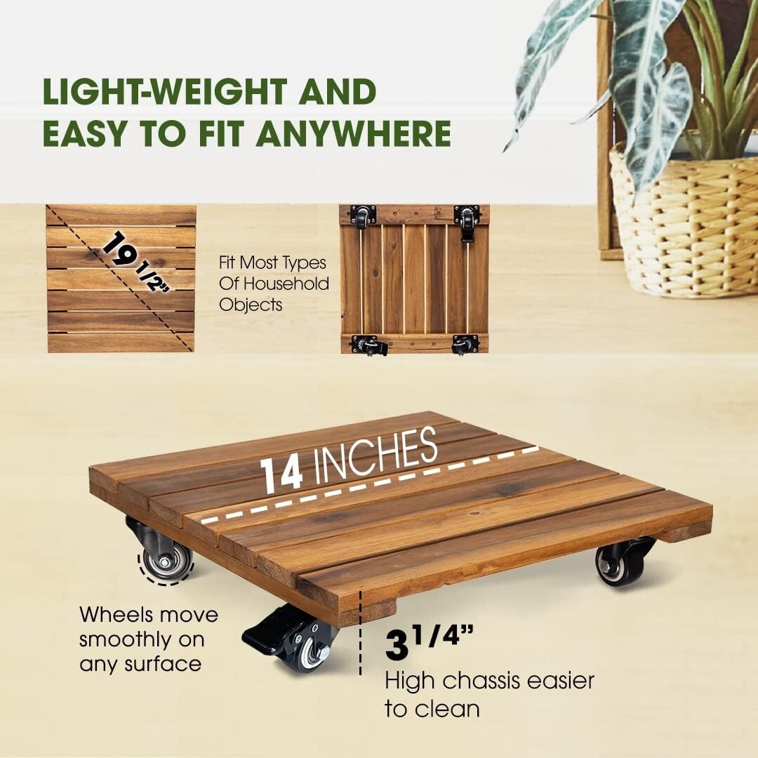 Rust-Resistant Acacia Wood Plant Caddy with Wheels - Effortless Mobility Set