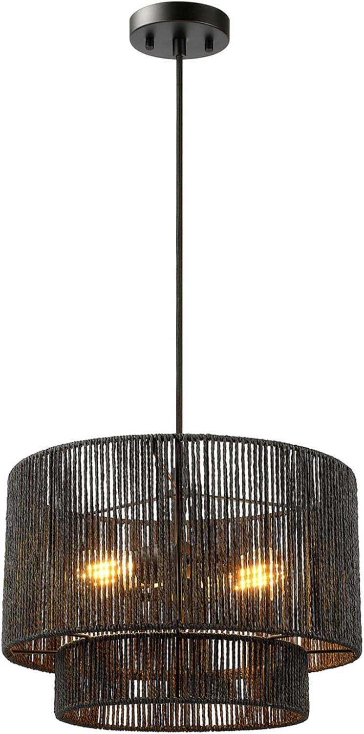 Dimmable 2-Light Pendant Light in Matte Black with Elegant Paper Twine Shade