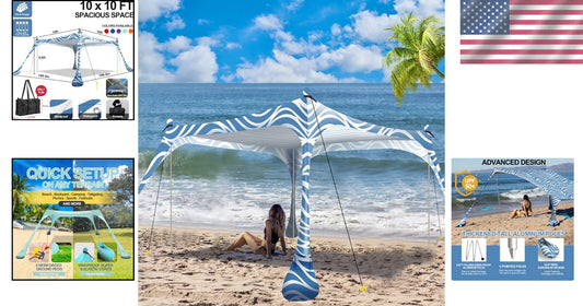 Durable 10x10ft Sun Shelter - Beach Canopy with Foldable Poles & Windproof Ropes